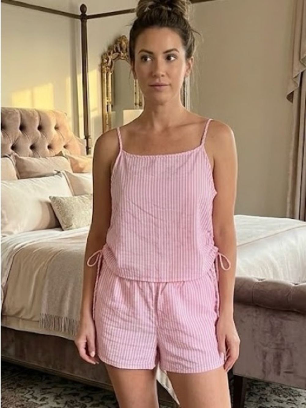 GapBody Pink White Striped Pajama Set Cotton Linen Blend Cami Shorts XL Cottage